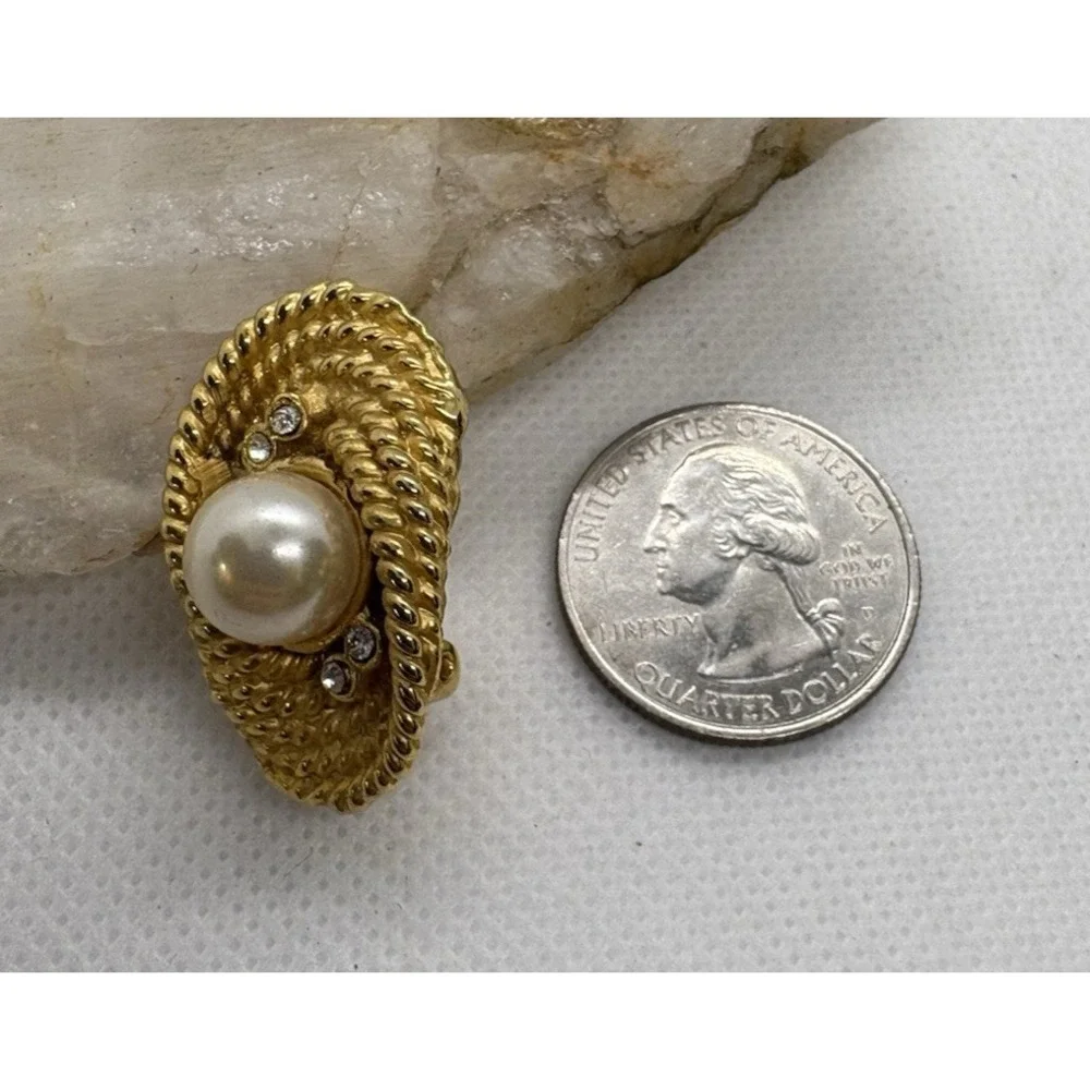 Vintage Gold Tone Clip-On Earrings Faux Pearl & Rhinestone Accents Textured Rope